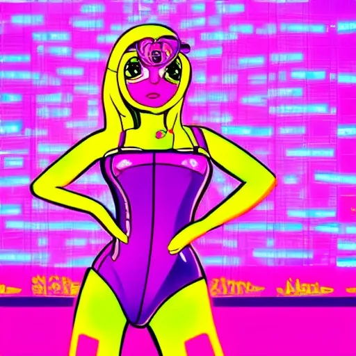 Cyber neon babe wearing pink one piece one her knees with symmetrical face lots of detail cartoony big eyes in sailor moon style