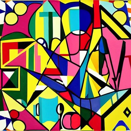 painting with  geometric figures with the style of Romero Brito, realistic, sharp focus, 8k high definition, insanely detailed, intricate, elegant,  and colorful