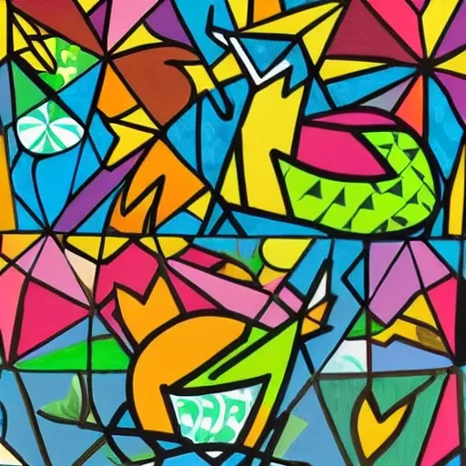 painting with  geometric figures  animals  jaguar, humming bird, dolphin and frog  in the middle of the forest with the style of Romero Brito, realistic, sharp focus, 8k high definition, insanely detailed, intricate, elegant,  and colorful