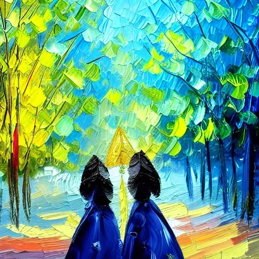 Two twin sisters, 1man in love, a dog among then. (painting by mse:1.5) blue hour, fall, smooth, (aesthetic), Oil Painting, impressionist painting,