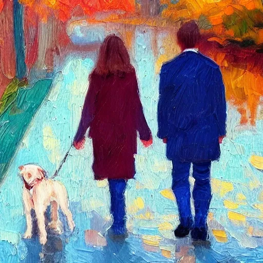 Two twin sisters, 1man in love, a dog among then. blue hour, fall, smooth, (aesthetic), Oil Painting, impressionist painting,