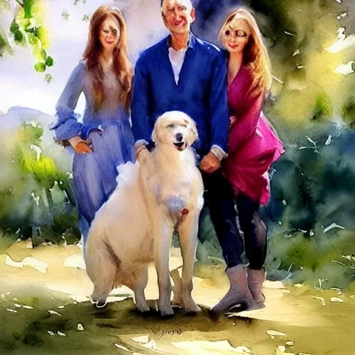 1 adult mature man, 2 twin adult mature sisters, a dog, like a dream, clouds, watercolor painting by Vladimir Volegov, Water Color