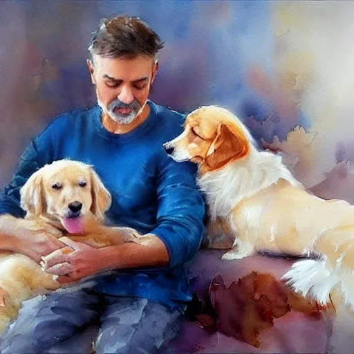 1 adult mature man, 2 twin adult mature sisters, a dog, like a dream, clouds, watercolor painting by Vladimir Volegov, Water Color