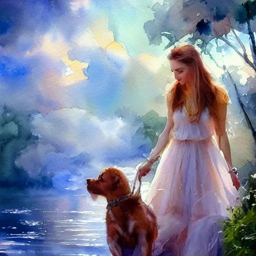 1 adult mature man, 2 twin mature sisters. An dog. Like a dream, clouds, watercolor painting by Vladimir Volegov, Water Color, fairycore fantasy, mystic style, Smooth colors, white background, 