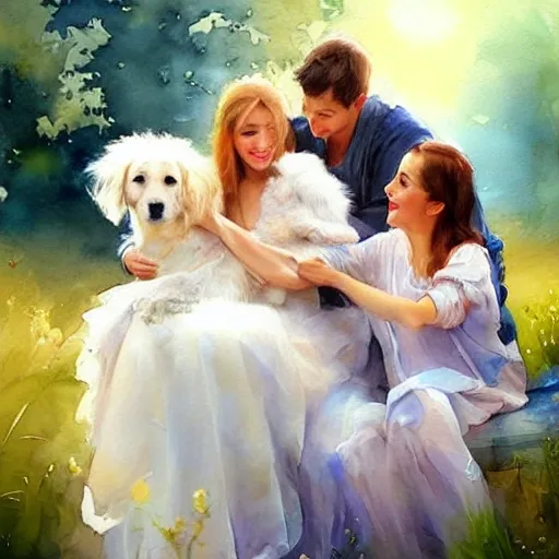 1 adult mature man, 2 twin mature sisters. An dog. Like a dream, clouds, watercolor painting by Vladimir Volegov, Water Color, fairycore fantasy, mystic style, Smooth colors, white background.