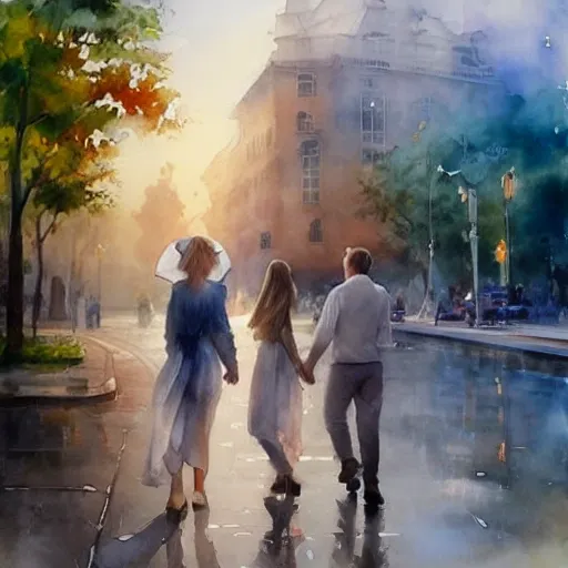 1 adult mature man in love, 2 twin mature sisters. An street dog. Like a dream, clouds, watercolor painting by Vladimir Volegov, Water Color, fairycore fantasy, mystic style, Smooth colors, white background.