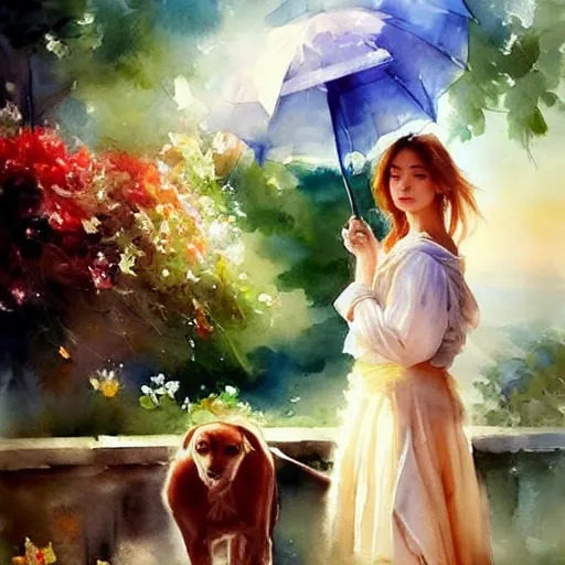 1 adult mature man in love, 2 twin mature sisters. An street dog. Like a dream, clouds, watercolor painting by Vladimir Volegov, Water Color, fairycore fantasy, mystic style, Smooth colors, medieval.