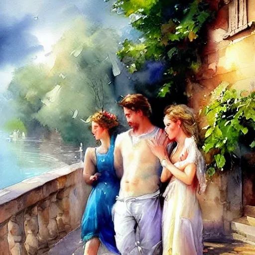 1 adult mature man in love, 2 twin mature sisters. An street dog. Like a dream, clouds, watercolor painting by Vladimir Volegov, Water Color, fairycore fantasy, mystic style, Smooth colors, medieval.