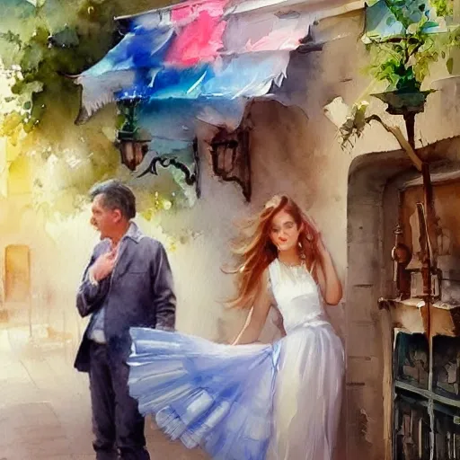 1 adult mature man in love, 2 twin mature sisters. An street dog. Like a dream, clouds, watercolor painting by Vladimir Volegov, Water Color, fairycore fantasy, mystic style, Smooth colors, medieval., Oil Painting