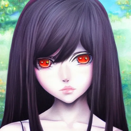 anime girl dark eyes long hair, Oil Painting