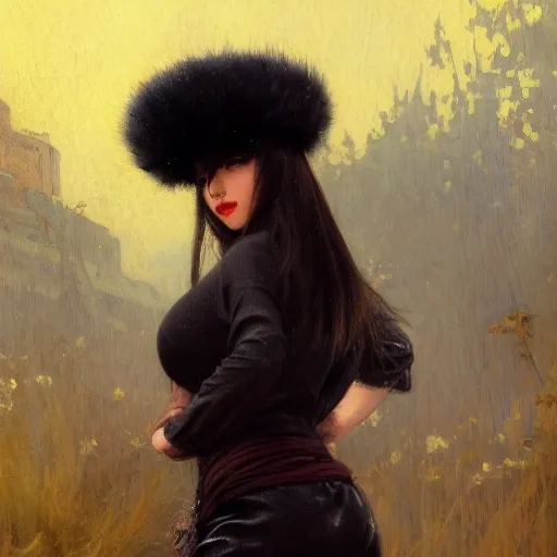 anime rusian female concubine with slim curvy body, wearing a ushanka, at night, 1400s, painting by gaston bussiere, greg rutkowski, yoji shinkawa, yoshitaka amano, tsutomu nihei, donato giancola, tim hildebrandt, oil on canvas, {full body shot:from behind shot:looking over shoulder}, traditional russian clothing, trending on artstation, featured on pixiv, cinematic composition, extreme detail, metahuman creator, (best quality:1.4), ((masterpiece)), ((realistic)), (detailed), portrait_of_exotic_girls, seductive_smile, (((sexy))), godrays, dust in the air