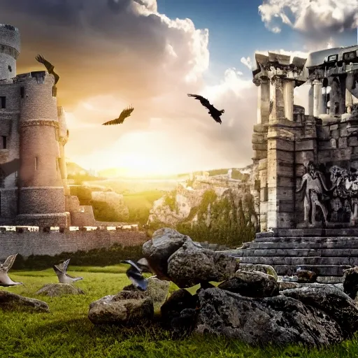 (8k, RAW photo, best quality, masterpiece:1.3),(realistic,photo-realistic:1.37),(looking at viewer:1.331), Acastle on a floating rock showing the power of the greek gods, in daylight with clouds around it and behind the castle the glare of the sun, white birds flying around it and in front of the castle a large entrance with statues of Spartan warriors on each side