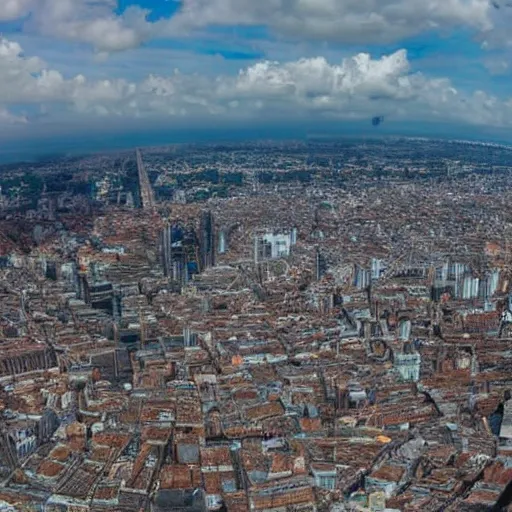 escena panorámica del una ciudad flotando en el cielo entre las nubes teniendo a la luz del día, en la ciudad deben verse edificaciones antiguas con arquitectura griega, en el centro de la ciudad debe alzarse un edificio superior al resto con estatuas de guerreros espartanos en la entrada. 8K