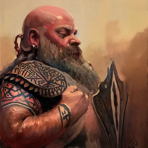 dwarf man with beard and bald tribal tattoos, medieval x, armor and round pattern shield, beautiful rays of light, by Jeremy Lipkin and by Michael Garmash and by Rob Rey, Water Color