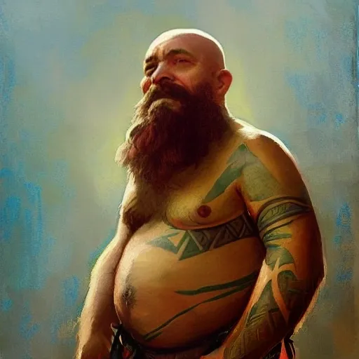 dwarf man with beard and bald tribal tattoos, medieval x, armor and round pattern shield, beautiful rays of light, by Jeremy Lipkin and by Michael Garmash and by Rob Rey, Water Color