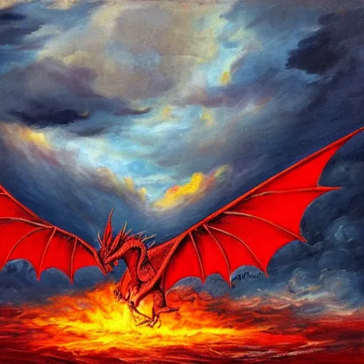 red dragon with its wings spread spewing fire at a castle with stormy clouds, Oil Painting