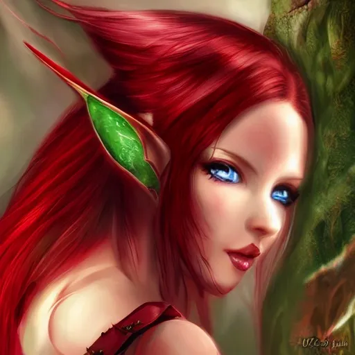 Elf , beautiful , fantasy , red hair , green eyes , ultra detailed , full body , 3D