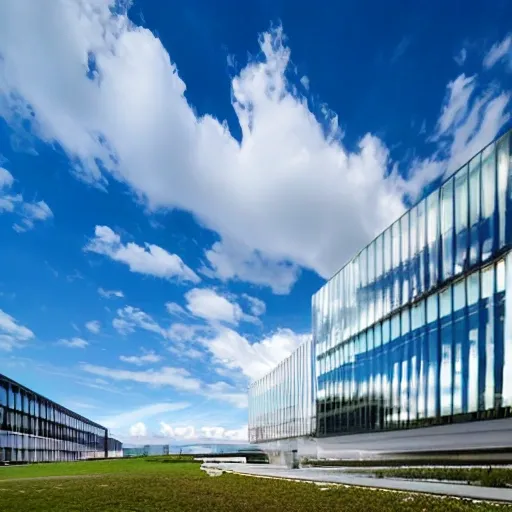 A modern product base with glass curtain walls stands amongst them. Set against the azure sky and white clouds, high technology and nature harmoniously coexist.