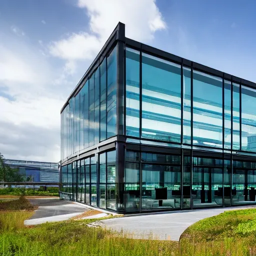 A modern product base with glass curtain walls stands amongst them. Set against the azure sky and white clouds, high technology and nature harmoniously coexist. 16:9