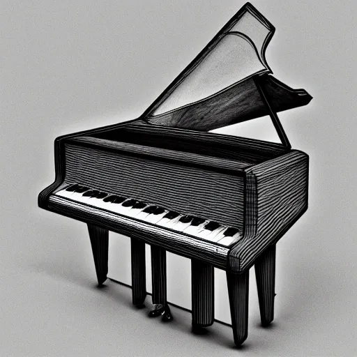 Broken Piano, 3D, Pencil Sketch