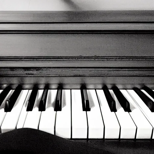 Un piano partido, en blanco y negro
