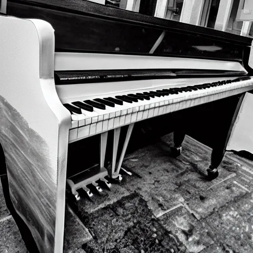 Un piano roto, en blanco y negro
