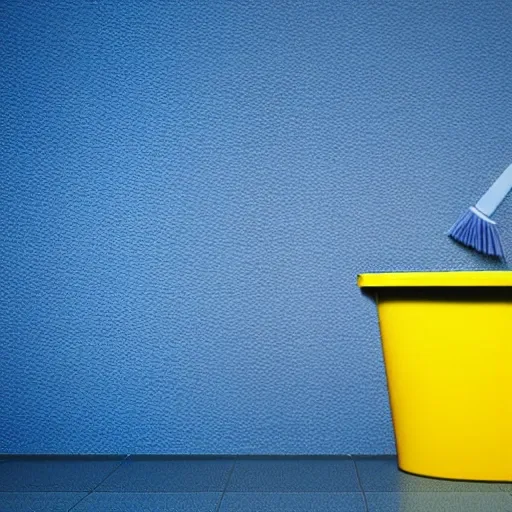 A cleaning logo with the name 'Cleaner' and a drawing of a bucket with foam, dark blue and yellow colors, 3D, minimalist, focusing more on the design, 4K, 300dpi. The name 'Cleaner' should be in a bold lowercase sans-serif font. The bucket drawing should be on the right side of the name, with the handle pointing downwards and the foam coming out of the bucket. The background should be light blue with a soft glow effect. The logo should convey a sense of cleanliness, freshness, and quality, Cartoon, 3D