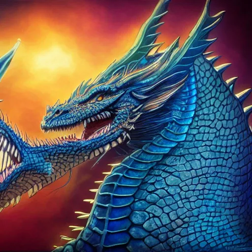 Draw, dragon face and head, art Larry Elmore  style, blue, front view, (raw photo:1.2), ((photorealistic:1.4)), best quality , ((masterpiece)), illustration, extremely delicate and majestic, CG ,unity ,8k wallpaper, Amazing, finely detail, masterpiece, best quality, official art, extremely detailed CG unity 8k wallpaper, 