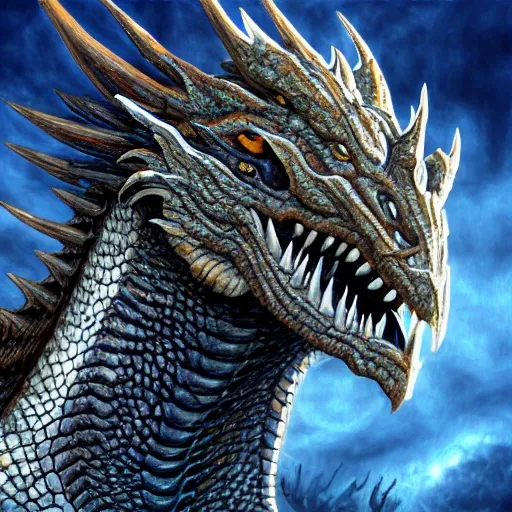 Draw, dragon face and head, art Larry Elmore  style, blue, front view, (raw photo:1.2), ((photorealistic:1.4)), best quality , ((masterpiece)), illustration, extremely delicate and majestic, CG ,unity ,8k wallpaper, Amazing, finely detail, masterpiece, best quality, official art, extremely detailed CG unity 8k wallpaper, 