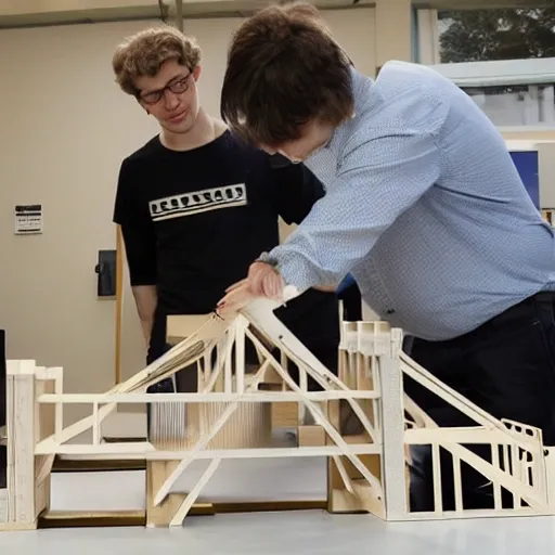 Architecture student shows a model of a bridge to his teacher - Arthub.ai