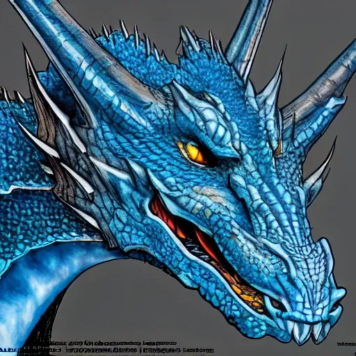 Draw, dragon head, art Larry Elmore  style, blue, front view, (raw photo:1.2), ((photorealistic:1.4)), best quality , ((masterpiece)), illustration, extremely delicate and majestic, CG ,unity ,8k wallpaper, Amazing, finely detail, masterpiece, best quality, official art, CG unity 8k wallpaper, 