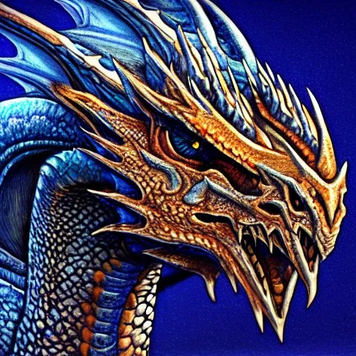 Draw, majestic dragon head, art Larry Elmore  style, blue, front view, details, hiperrealistic,(raw photo:1.2), ((photorealistic:1.4)), best quality , ((masterpiece)), illustration, extremely delicate and majestic, CG ,unity ,8k wallpaper, Amazing, finely detail, masterpiece, best quality, official art, CG unity 8k wallpaper, 