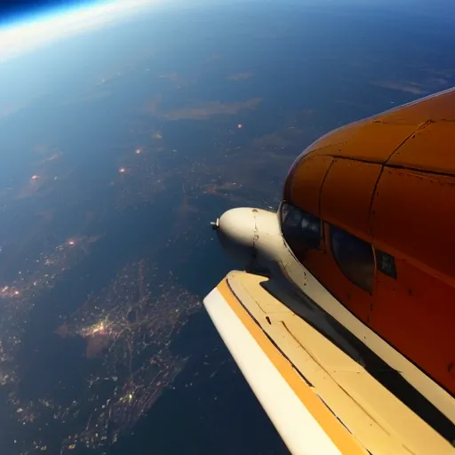 
an airplane flying in space from the pilot's point of view.