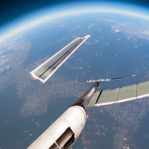 
an airplane flying in space from the pilot's point of view., Trippy