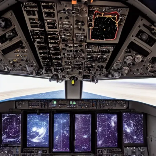 
The cockpit of an airplane, from the pilot's perspective, showing the universe and galaxies.