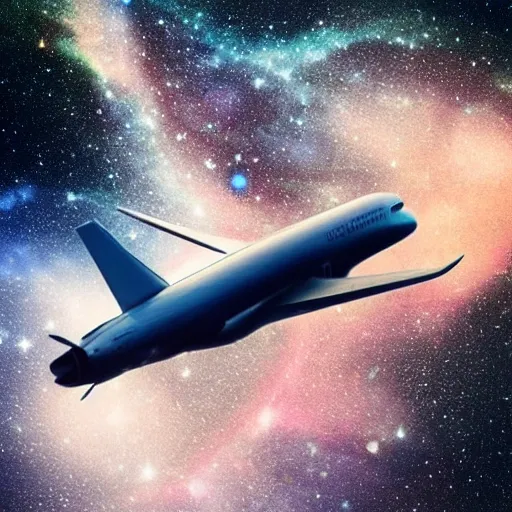 An airplane flying through the galaxies and the universe