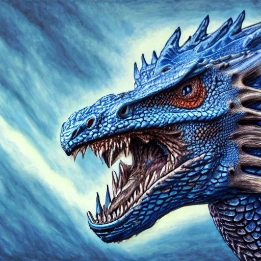 Draw, majestic dragon head, art Larry Elmore  style, blue, front view, details, hiperrealistic,(raw photo:1.2), ((photorealistic:1.4)), best quality , ((masterpiece)), illustration, extremely delicate and majestic, CG ,unity ,8k wallpaper, Amazing, finely detail, masterpiece, best quality, official art, CG unity 8k wallpaper, 