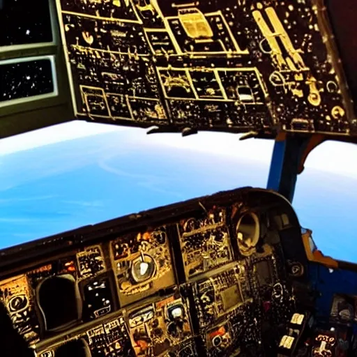 The cockpit of an airplane, from the pilot's perspective, showing the universe and galaxies.