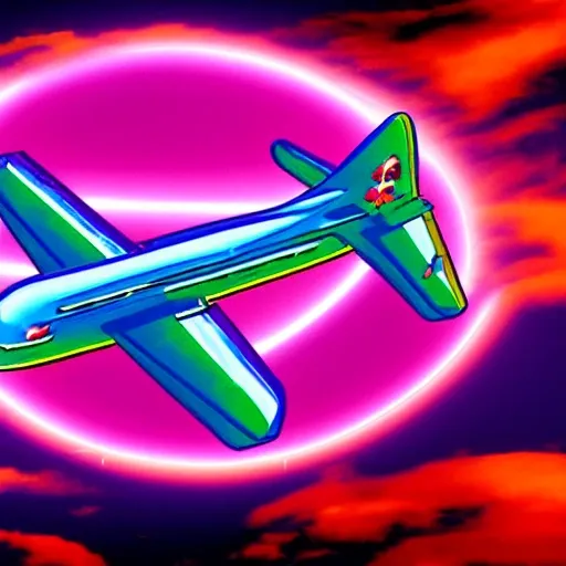 An airplane flying through space in a psychedelic style.