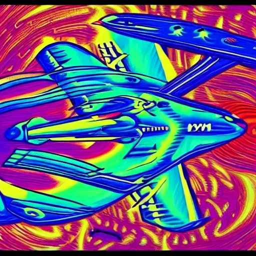 An airplane flying through space in a psychedelic style.