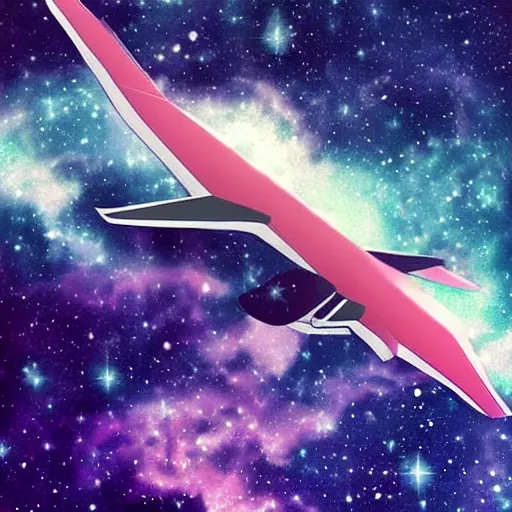 An airplane flying amidst a galaxy, all in a very surreal and fantastical style.