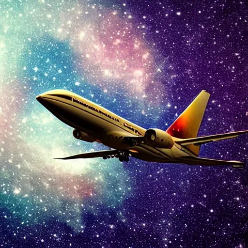 An airplane flying amidst a galaxy, all in a very surreal and fantastical style.