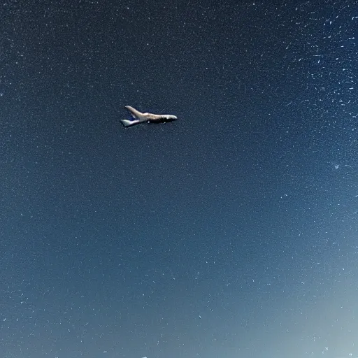 An airplane flying amidst a galaxy,
