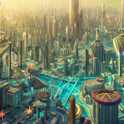 Draw, futuristic utopian city, 3D, detailed, sunligh, masterpice, art, 3D, High Definition, highly detailed, intricate, color