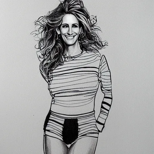 thick pencil sketch Julia Roberts standing, no background, thick line, black and white, adult coloring pages, full length body shot