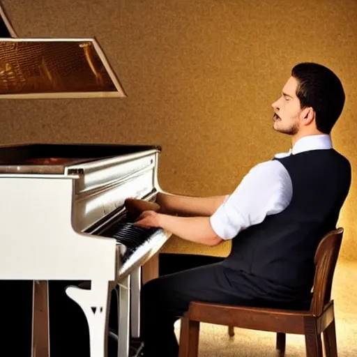 hombre de traje sin cara tocando piano
