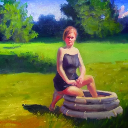 gril,sun,tree,barrow, Oil Painting