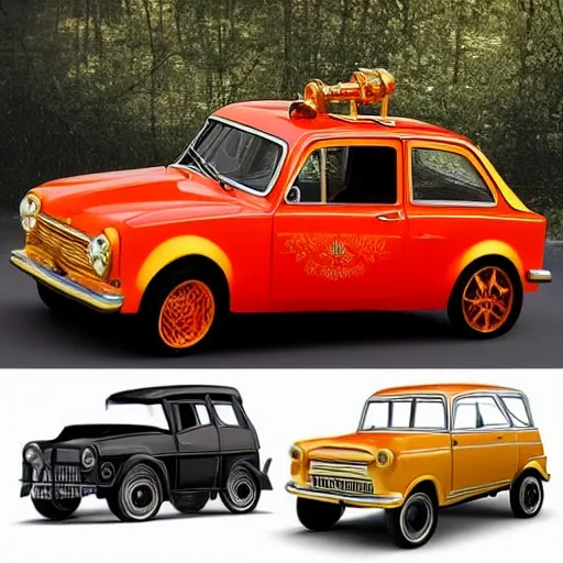 Create an image of a Russian car Lada transformed into a steampunk masterpiece, inspired by the iconic cartoon car McQueen. The Lada should feature intricate mechanical details, gears, and steam-powered elements. Give it a retro-futuristic appearance with brass and copper accents, exposed pipes, and smoke coming out of the exhaust. The color scheme should resemble McQueen's vibrant and lively palette, with bold and bright shades. Capture the essence of both Lada and McQueen, combining their unique characteristics into a visually stunning and whimsical design.
