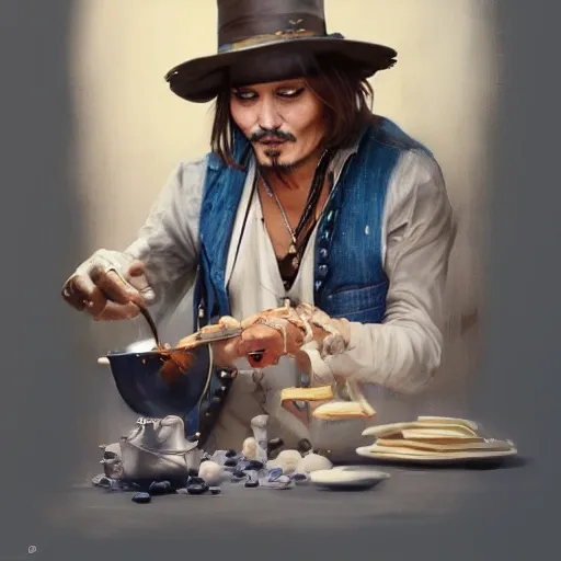 Johnny Depp making pancakes animation pixar style, by magali villeneuve, artgerm, jeremy lipkin and michael garmash, rob rey and kentaro miura style, golden ratio, trending on art station 