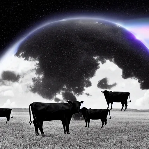 black and white cows levitating in the galaxy, a planet, a parallel universe spitting out milk, super resolution detail
